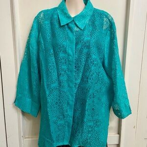 Teal Blue Lacy, See Through Blouse- Shirt (XL)